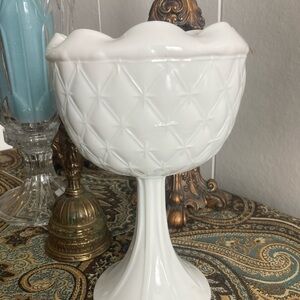VTG Indiana Glass Duette milk glass pedestal compote candy dish 8.75”